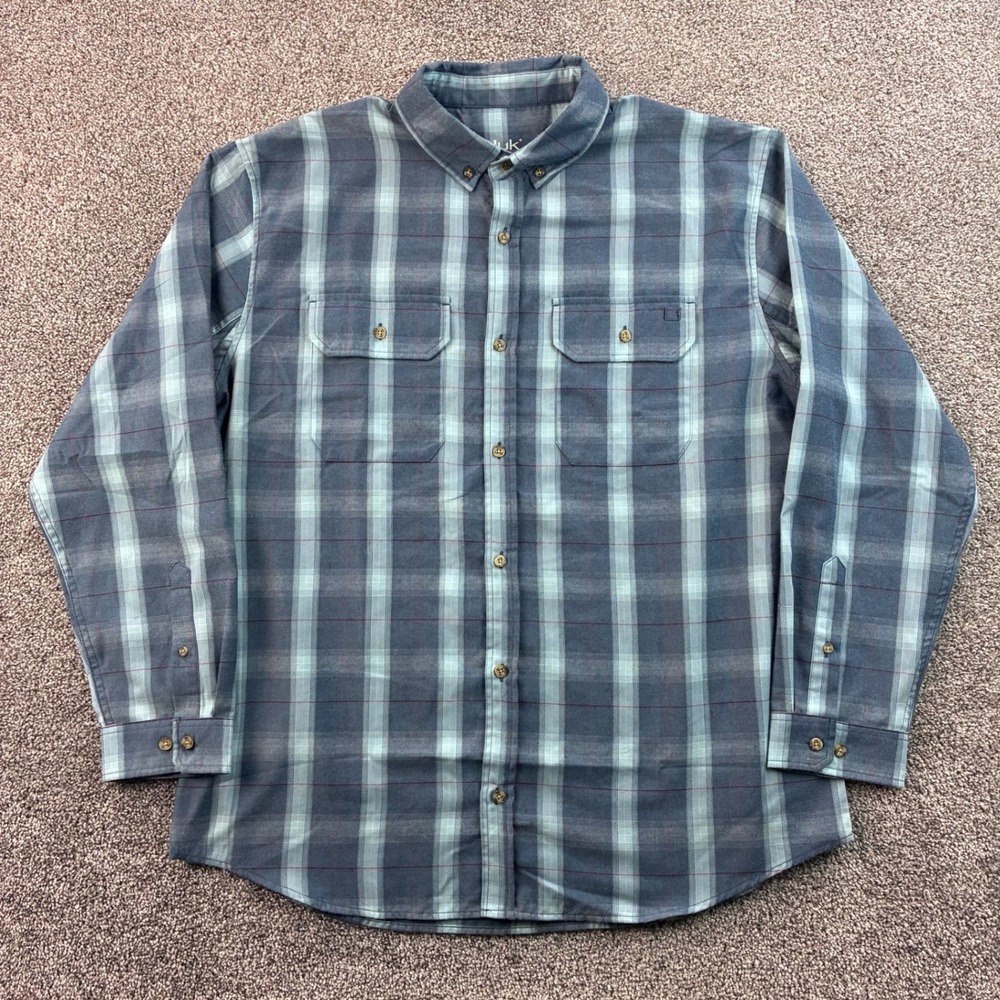 Huk Flannel Shirt Mens XL Blue Plaid Button Down Long Sleeve Fishing